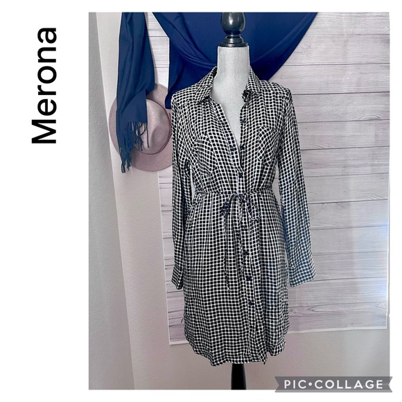NEW MERONA CHECKERED PLAID RAYON BLACK WHITE BUTTON DOWN SHIRT DRESS - Picture 1 of 6